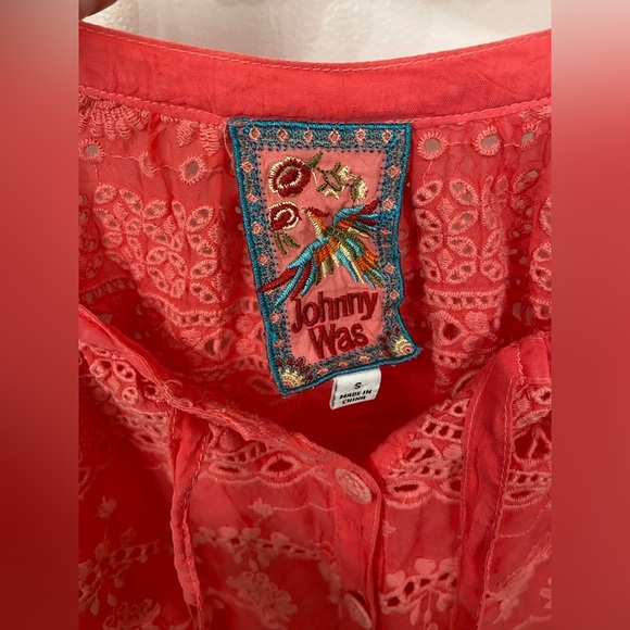 Johnny Was Tay Tie Front Embroidered Eyelet Top Pink Size Small - Picture 3 of 8